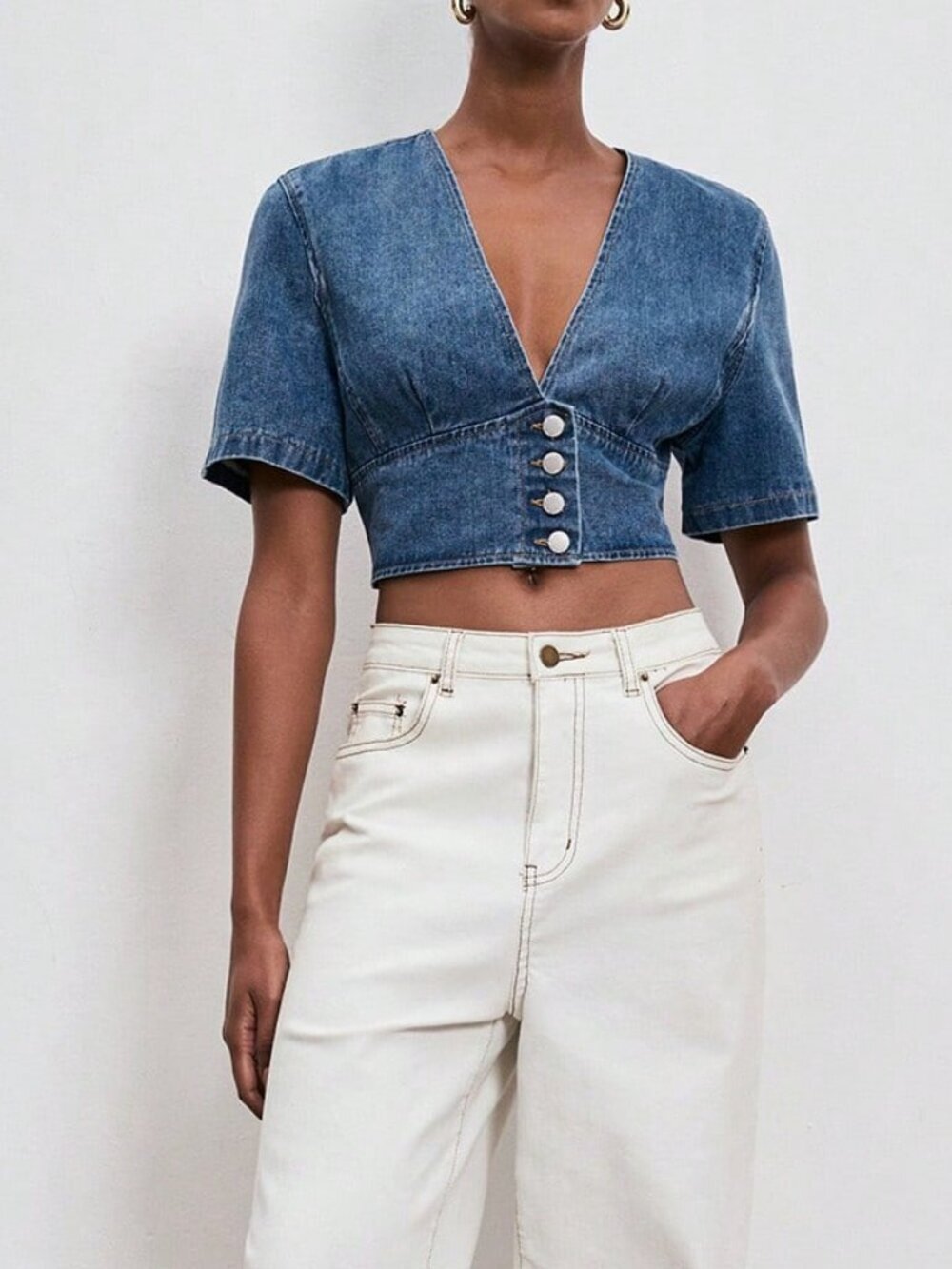 Blue Casual Women's Cropped Denim Top